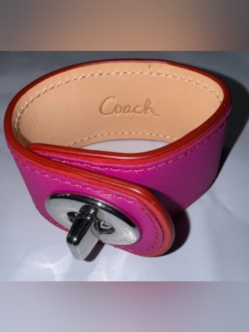 Rare NWT Coach Pink Orange Red Genuine Leather Turnlock Wide Cuff Bracelet